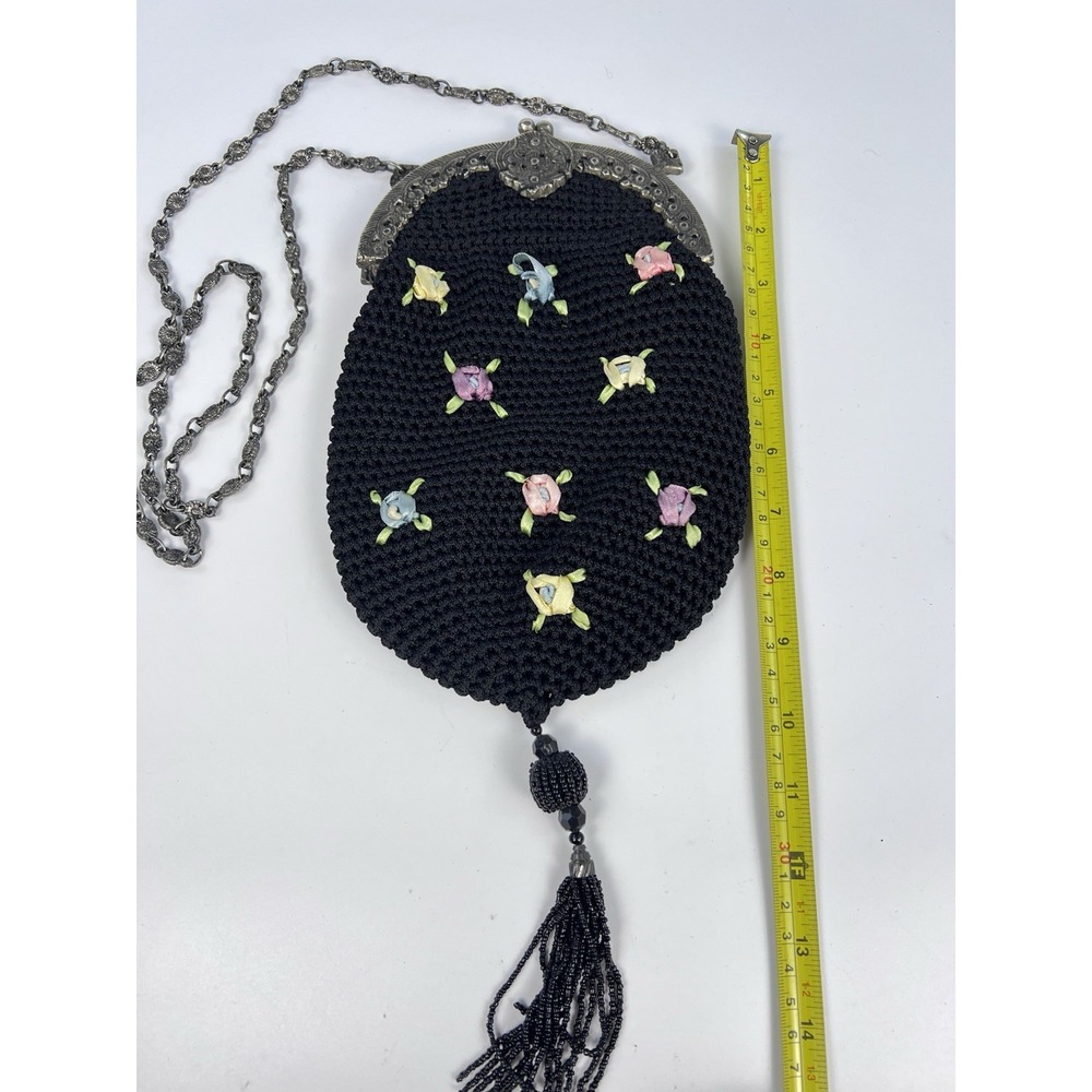 Vintage Antique Crochet Evening Bag Ribbon Embroidery Roses Filigree Frame Black - Picture 8 of 9